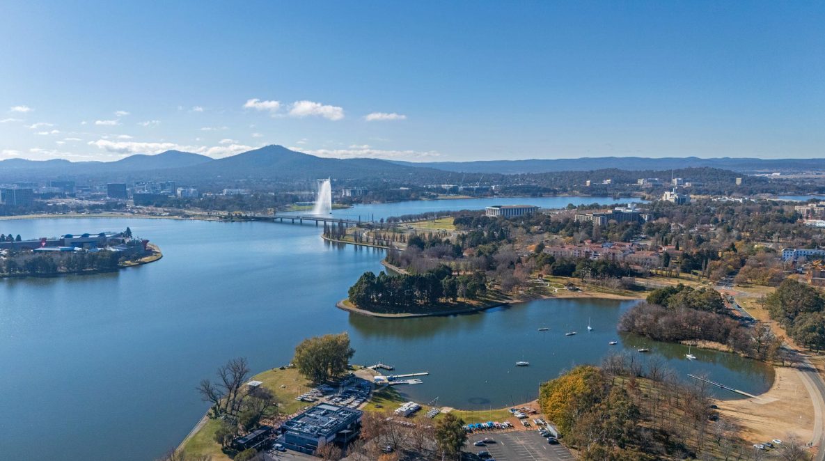 Lake Burley Griffin and the Captain Cook Memorial fountain, with the Brindabella Ranges beyond