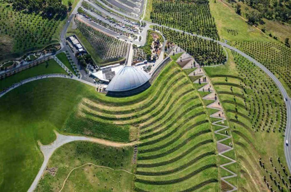 The National Arboretum's Village Centre and amphitheatre, seen from the air