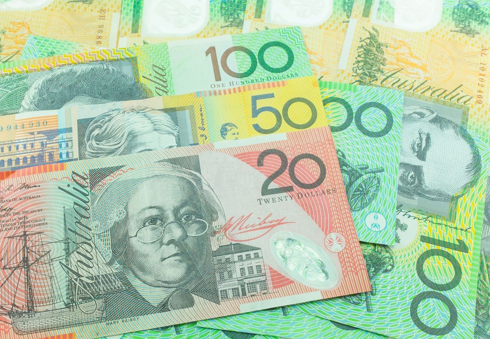 Australian banknotes fanned out on a table