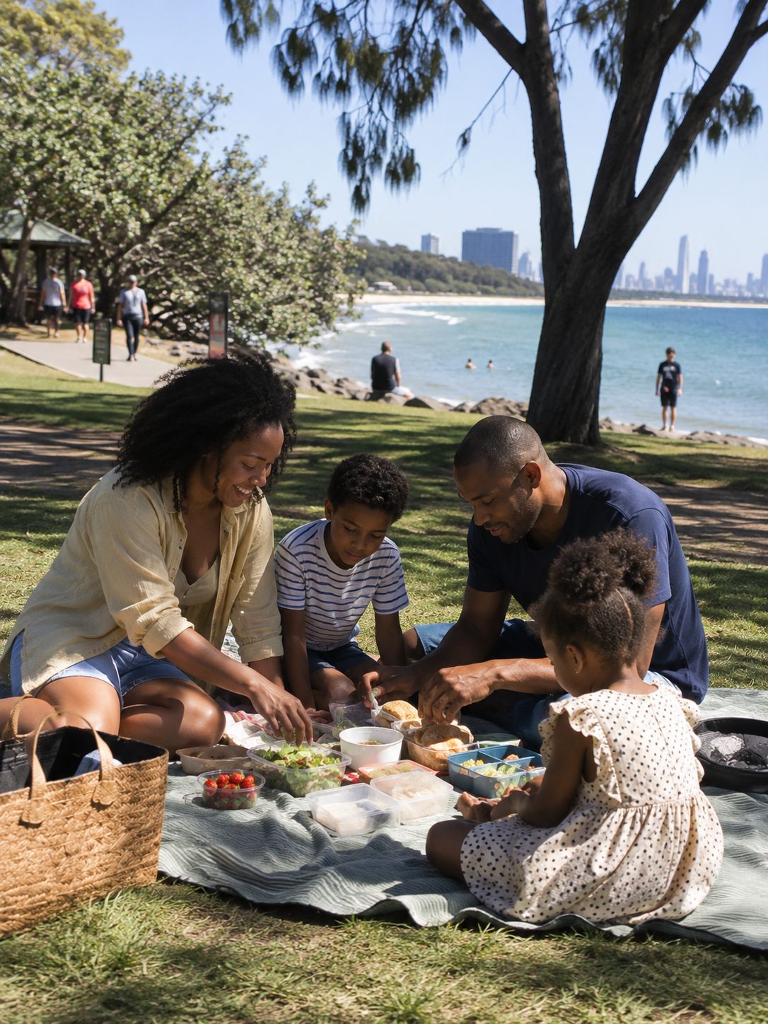A family sharing a picnic in a beachside park with the city skyline behind them