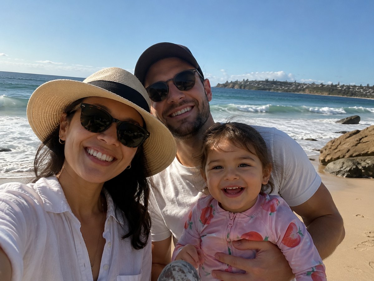 Two parents and a toddler on a beach in the evening light