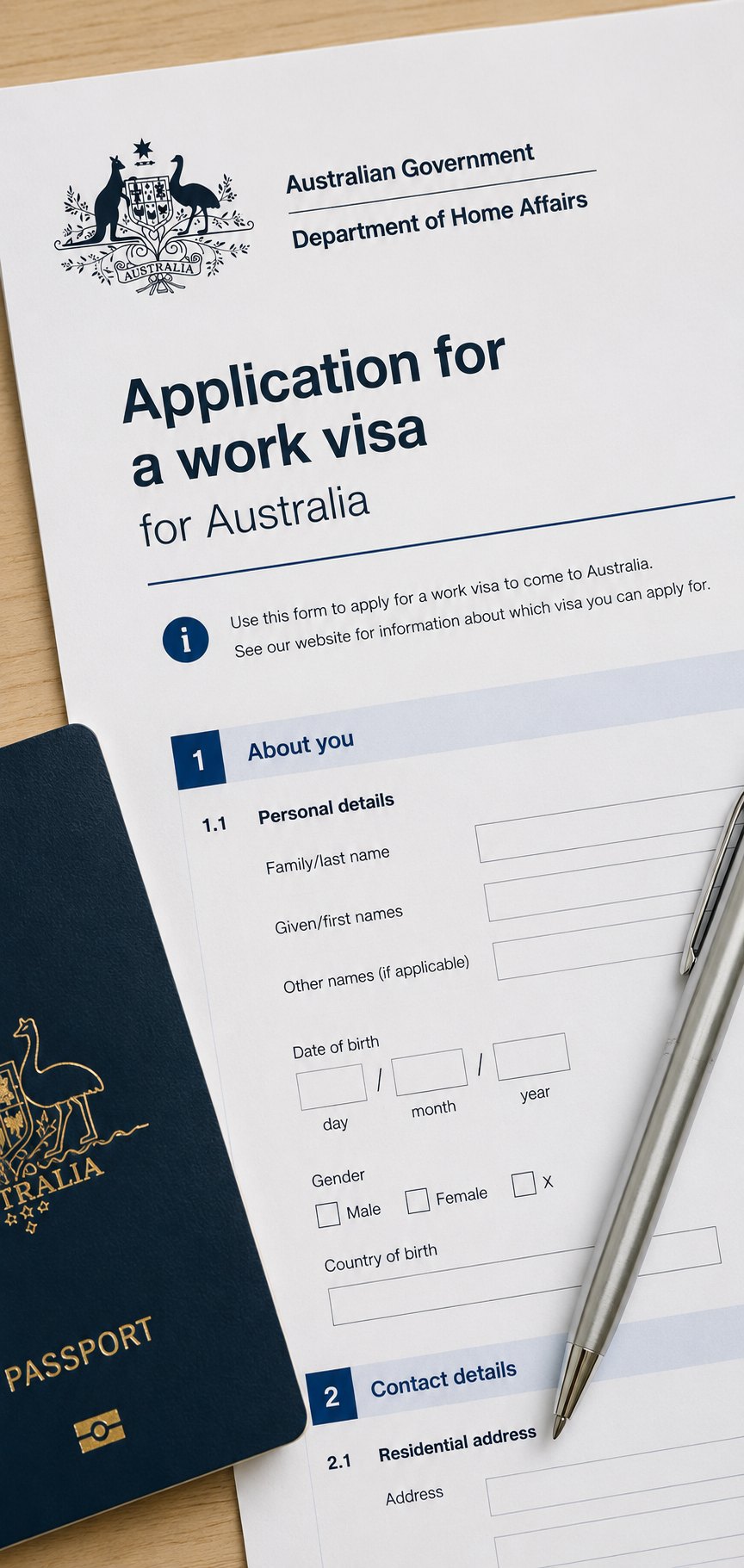 An Australian work visa application form on a desk with a passport and pen