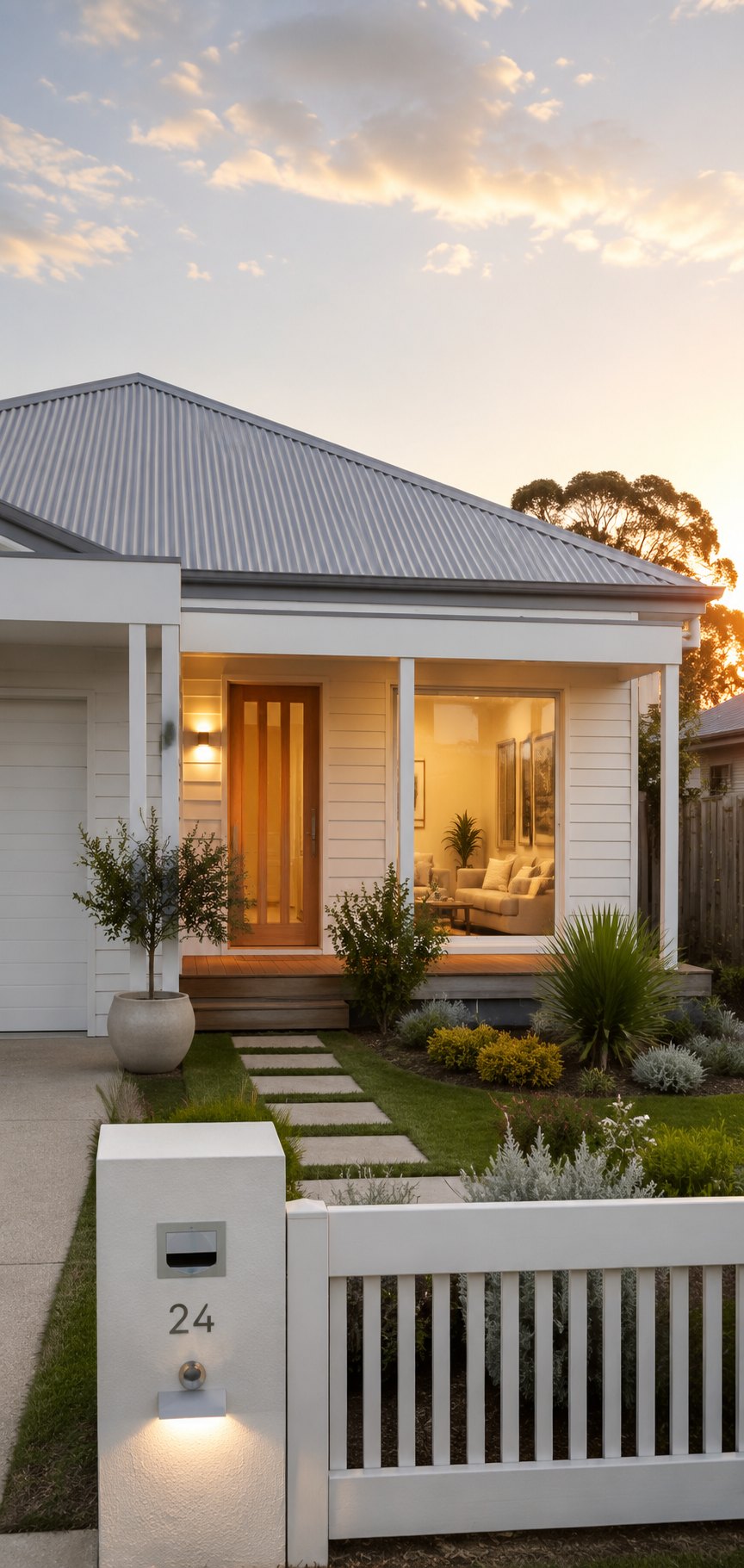 The front of an Australian weatherboard home with its lights on at sunset