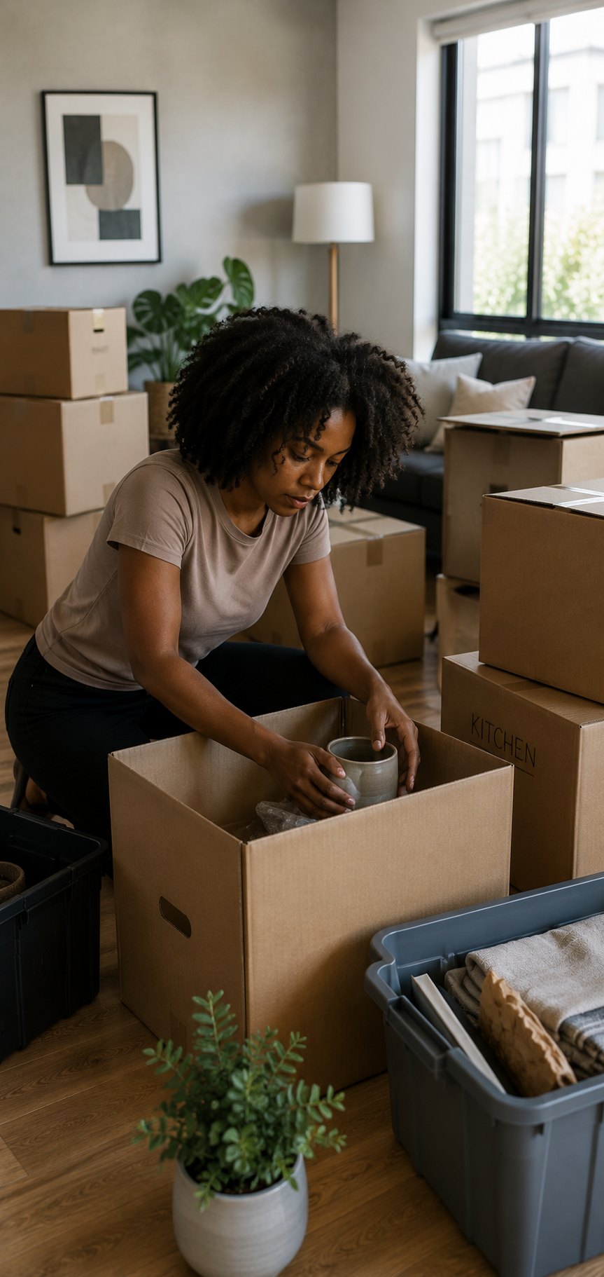 A woman packing crockery into a cardboard box in a half-emptied living room