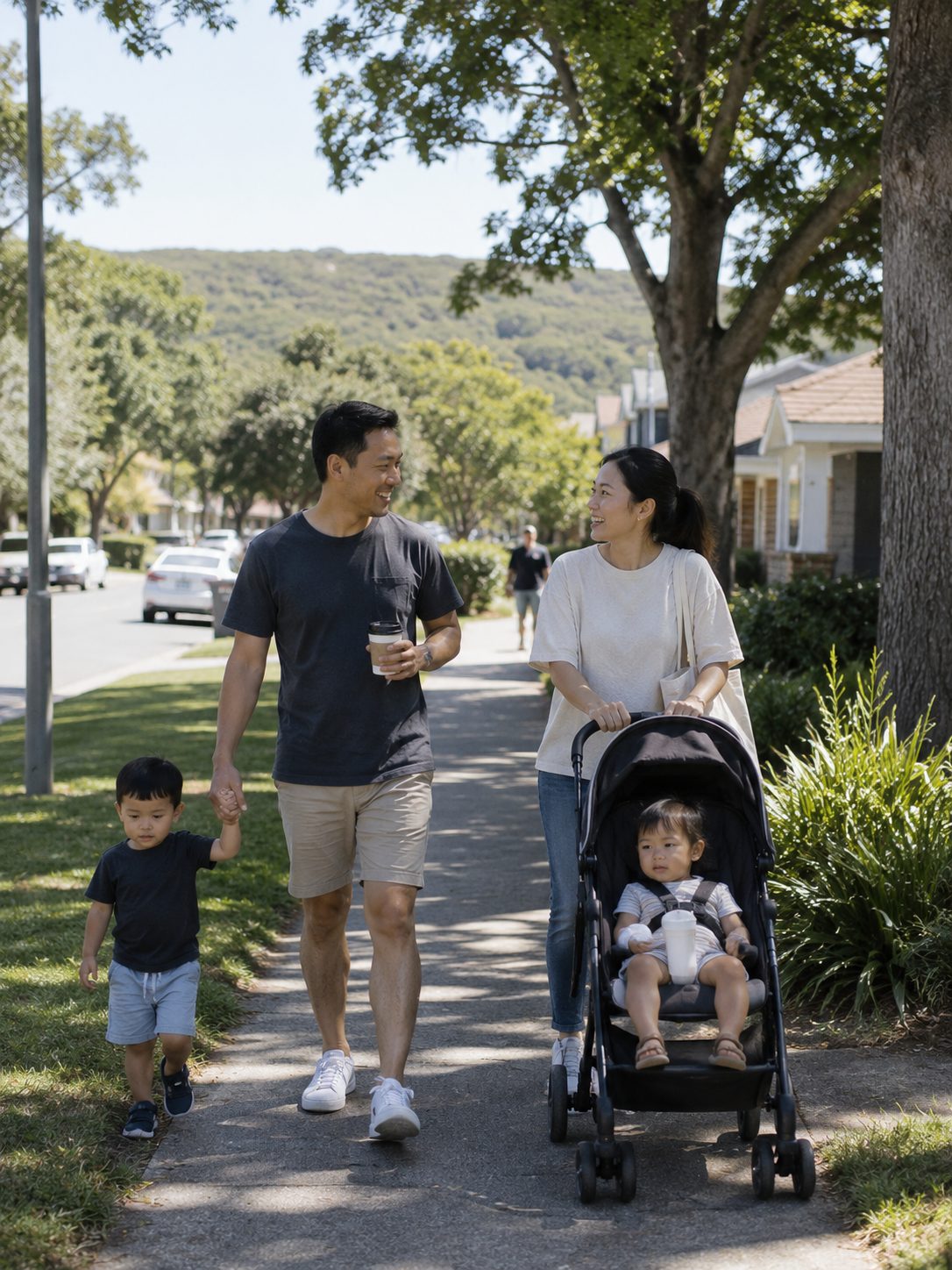 A family walking together along a leafy suburban street