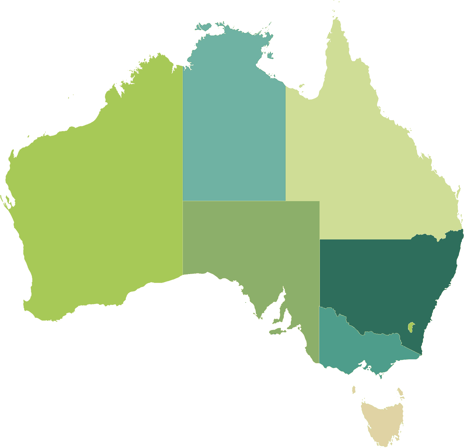 Map of Australia showing its six states and two territories: Western Australia, Northern Territory, South Australia, Queensland, New South Wales, Victoria, Tasmania and the Australian Capital Territory
