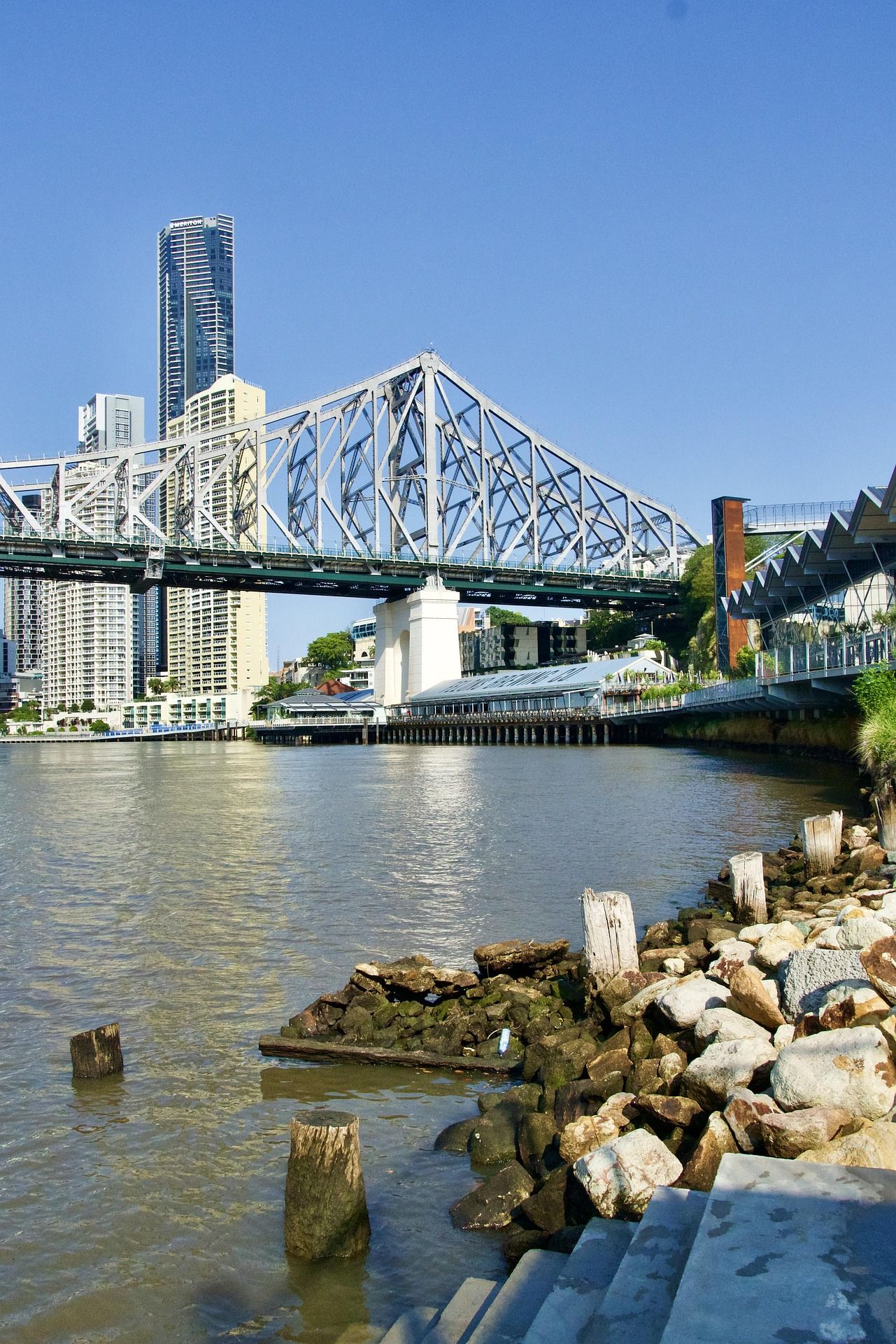 The Story Bridge seen from the river bank, the city towers rising behind it