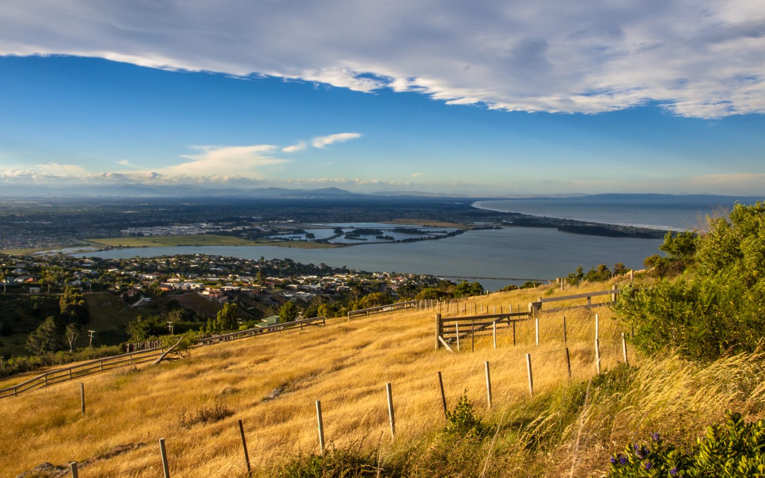 An aerial view across Christchurch to the coast