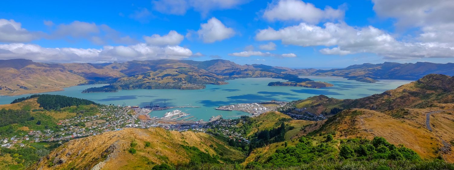 Lyttelton Harbour seen from the Port Hills — the port town below, the drowned volcanic crater filled with turquoise water, and the dry rim of Banks Peninsula beyond