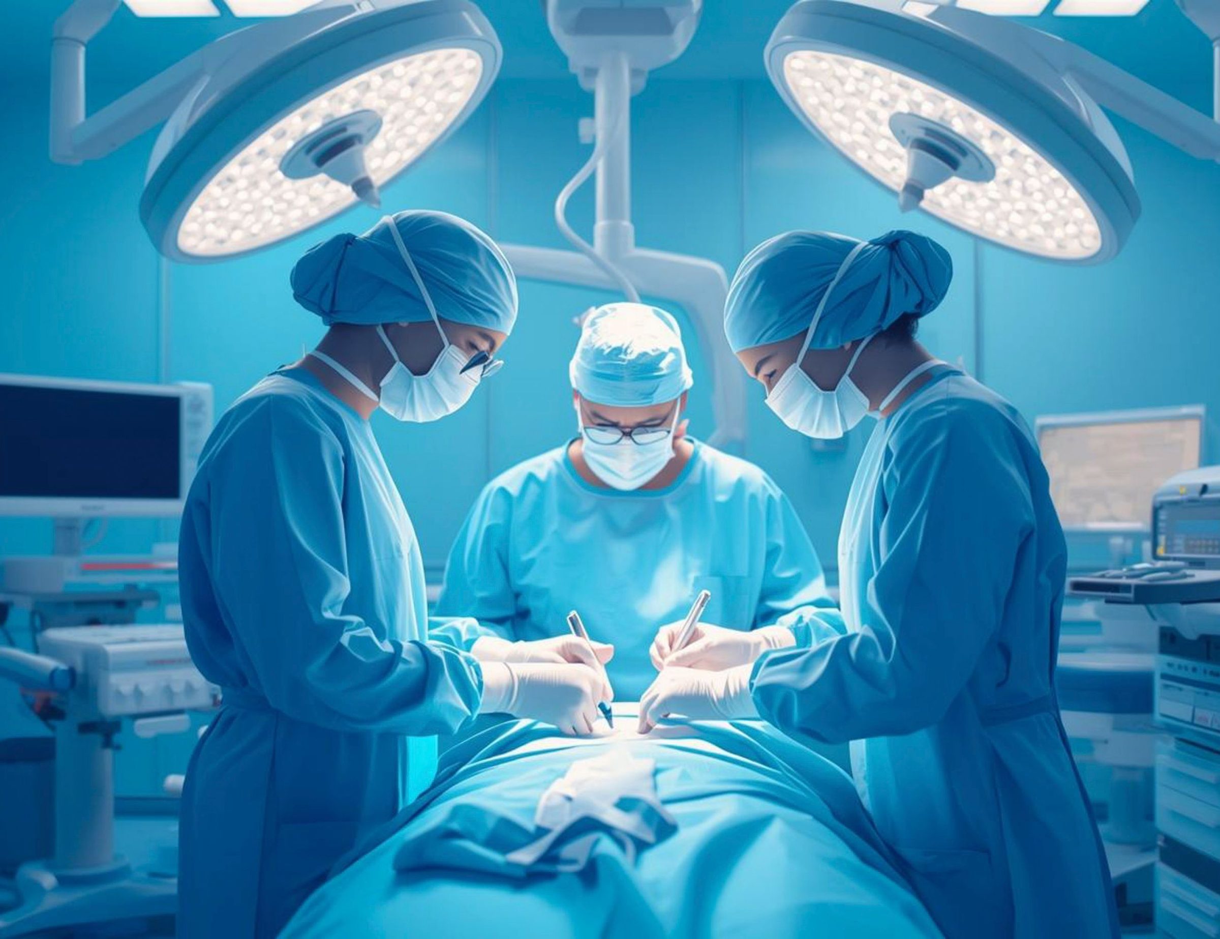 Three masked clinicians working over a draped patient beneath two operating lights