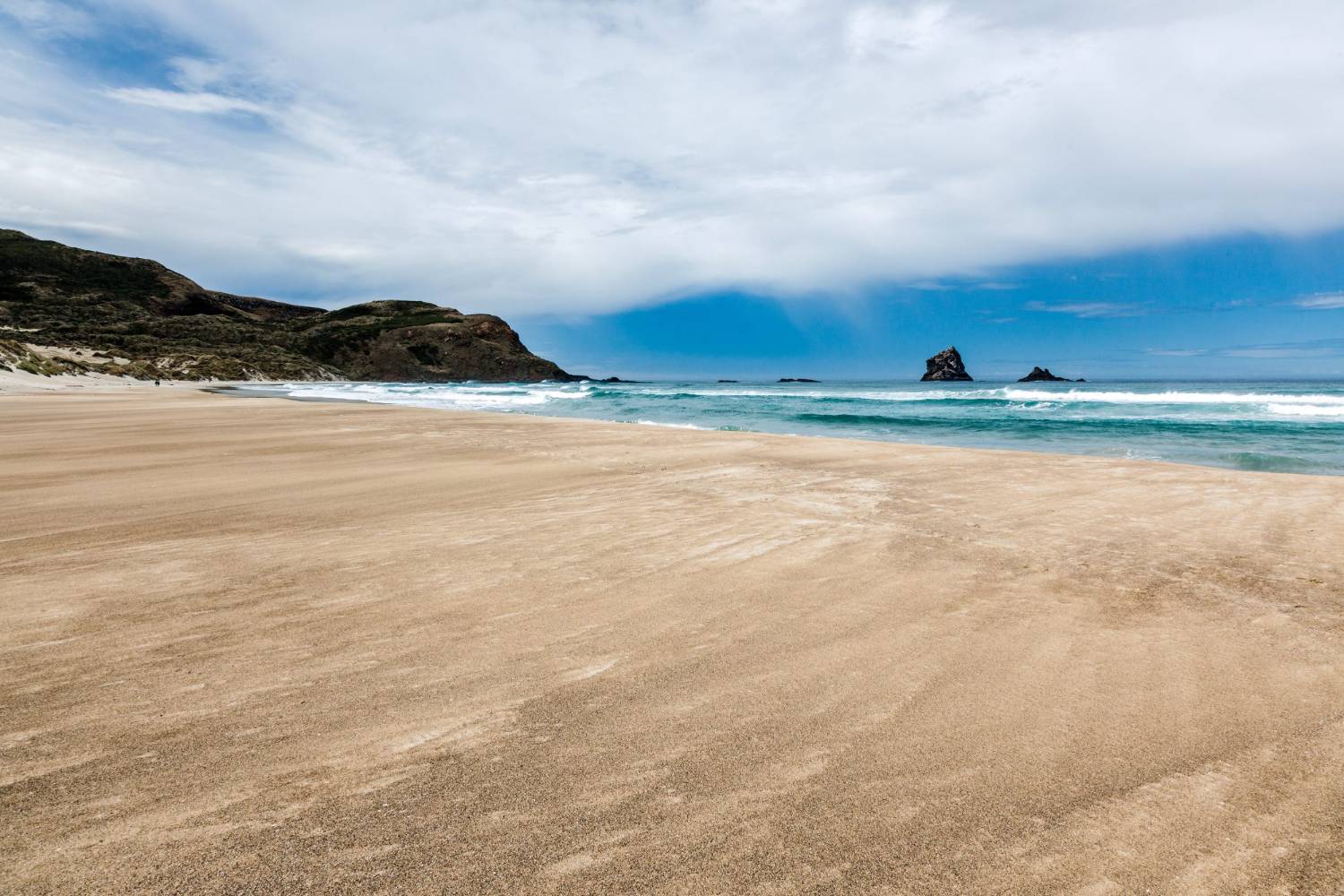 A wide sweep of empty golden sand at Sandfly Bay on the Otago Peninsula