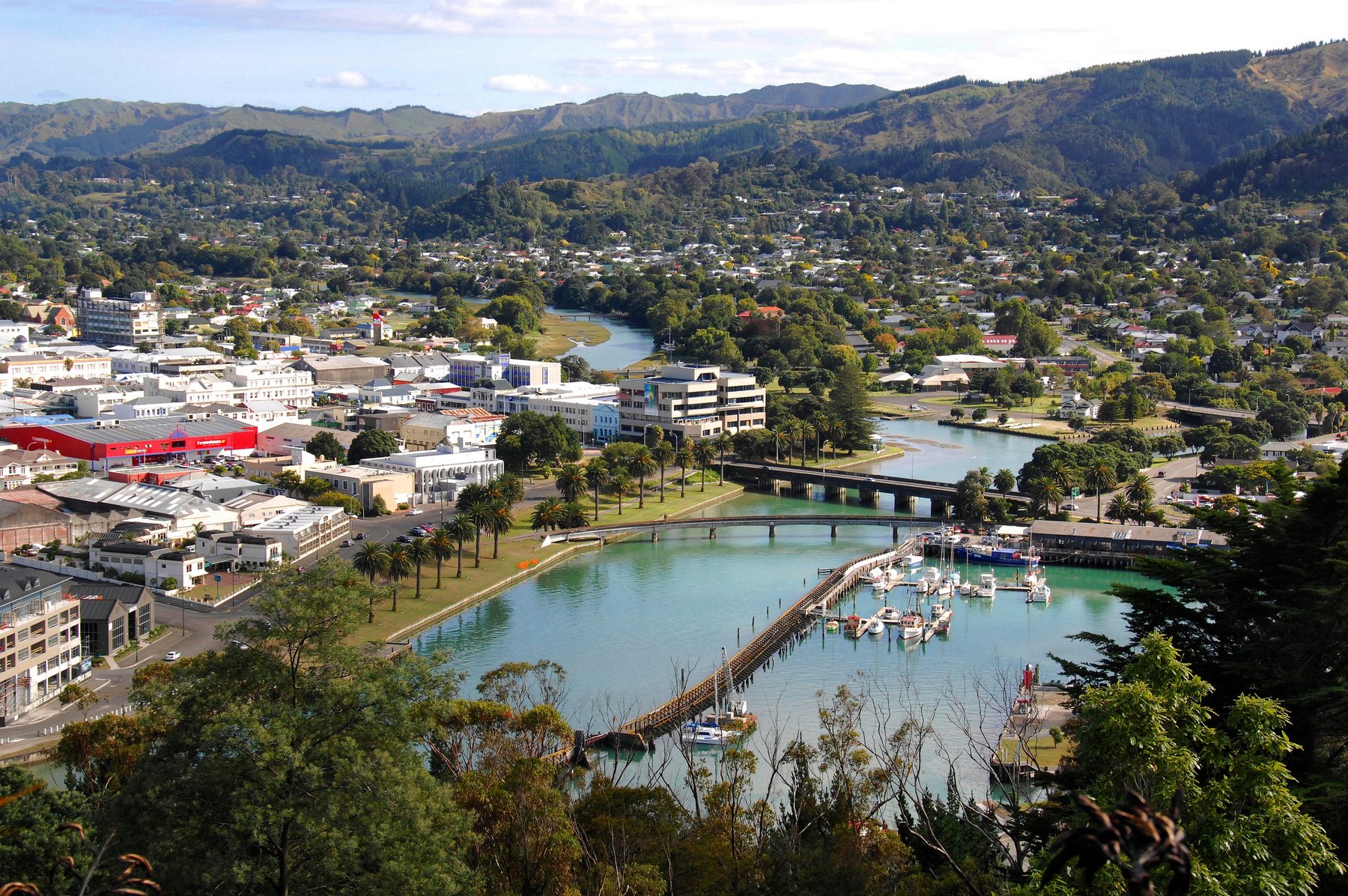Central Gisborne from above, the rivers meeting at the inner harbour with the hills behind