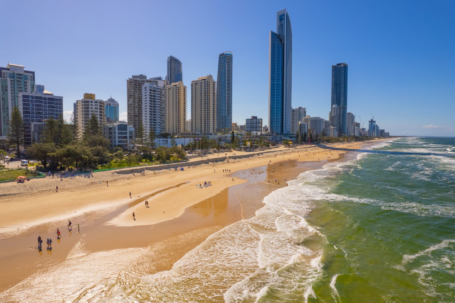 Aerial view of the beach and high-rise skyline at Surfers Paradise