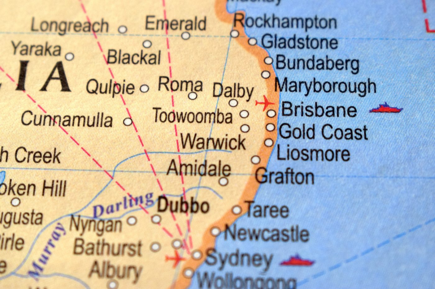A road map of eastern Australia with the Gold Coast marked, south of Brisbane
