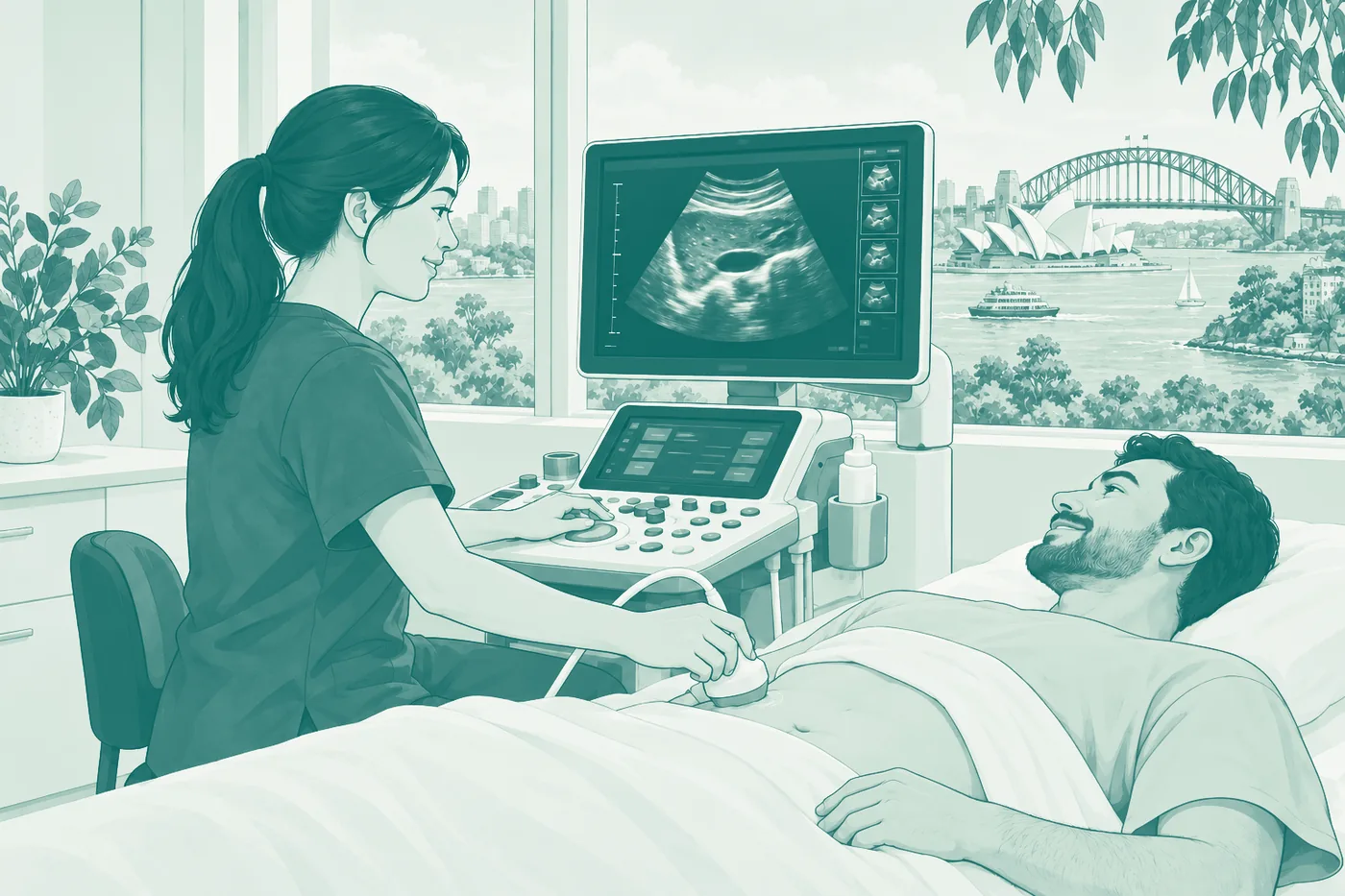 A sonographer scanning a patient, the ultrasound image on the screen beside them