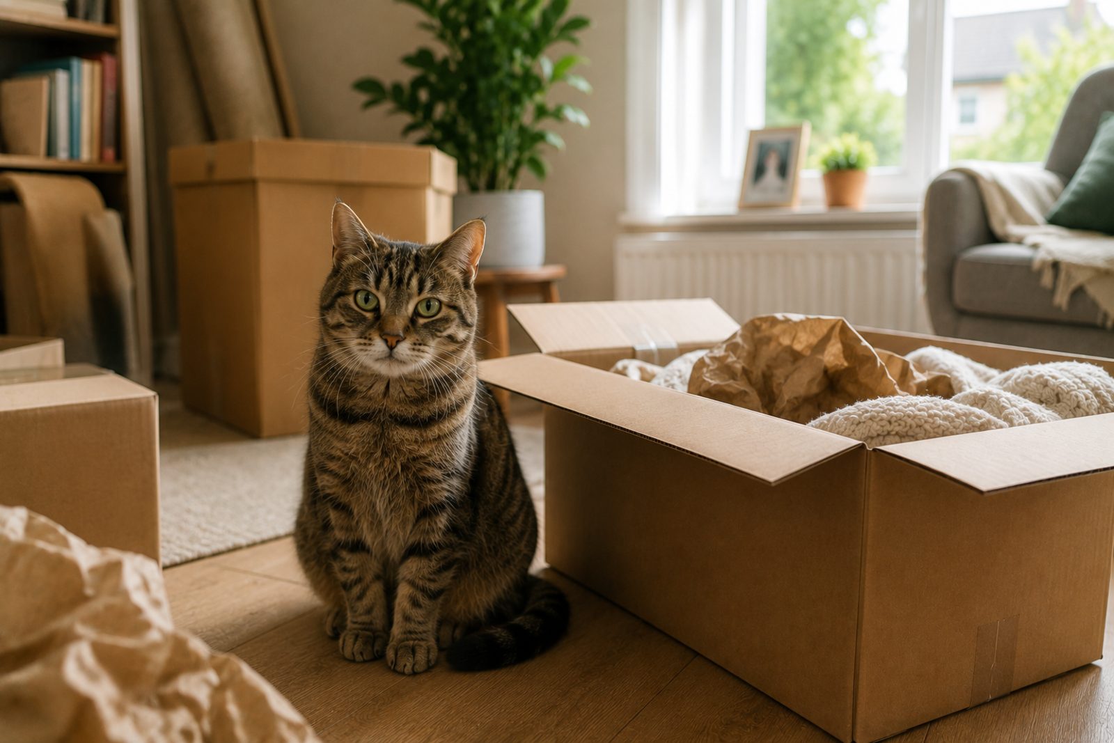 A tabby cat sitting on the floor beside an open packing box on moving day