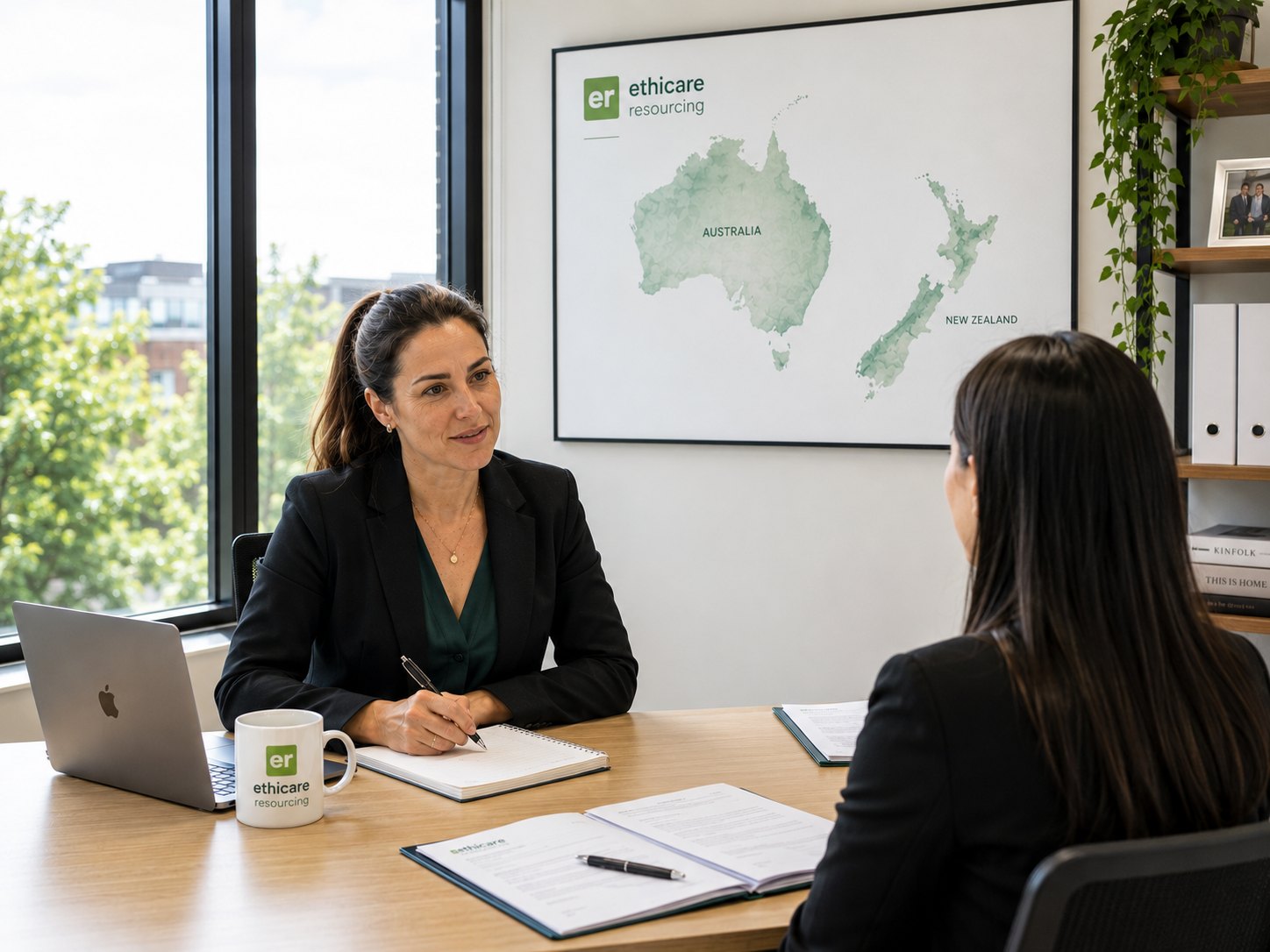 An Ethicare consultant talking through a CV with a healthcare professional across a desk, a map of Australia and New Zealand on the wall behind them