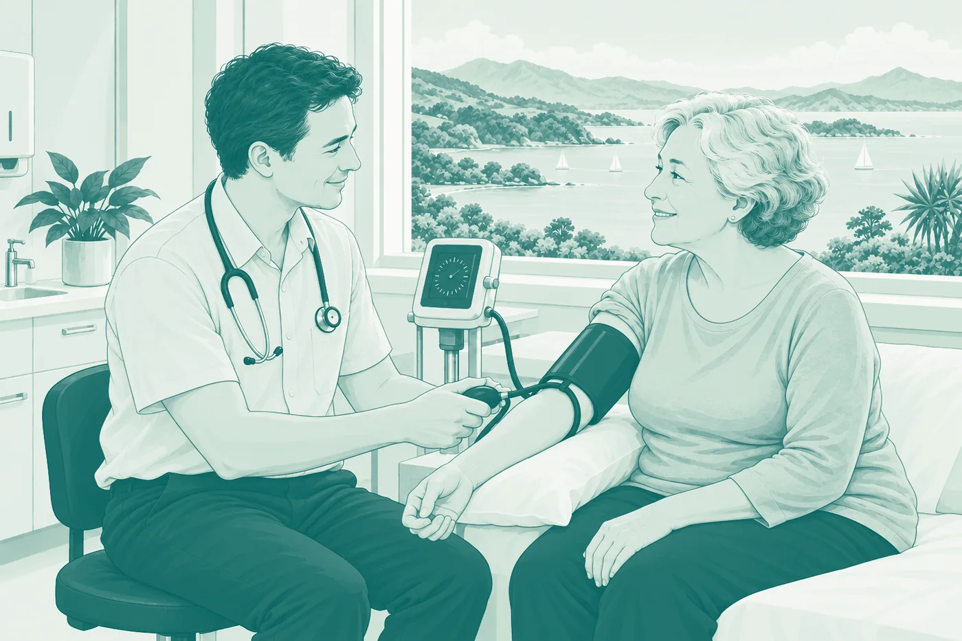 A doctor taking a patient’s blood pressure in a consulting room looking out over a harbour