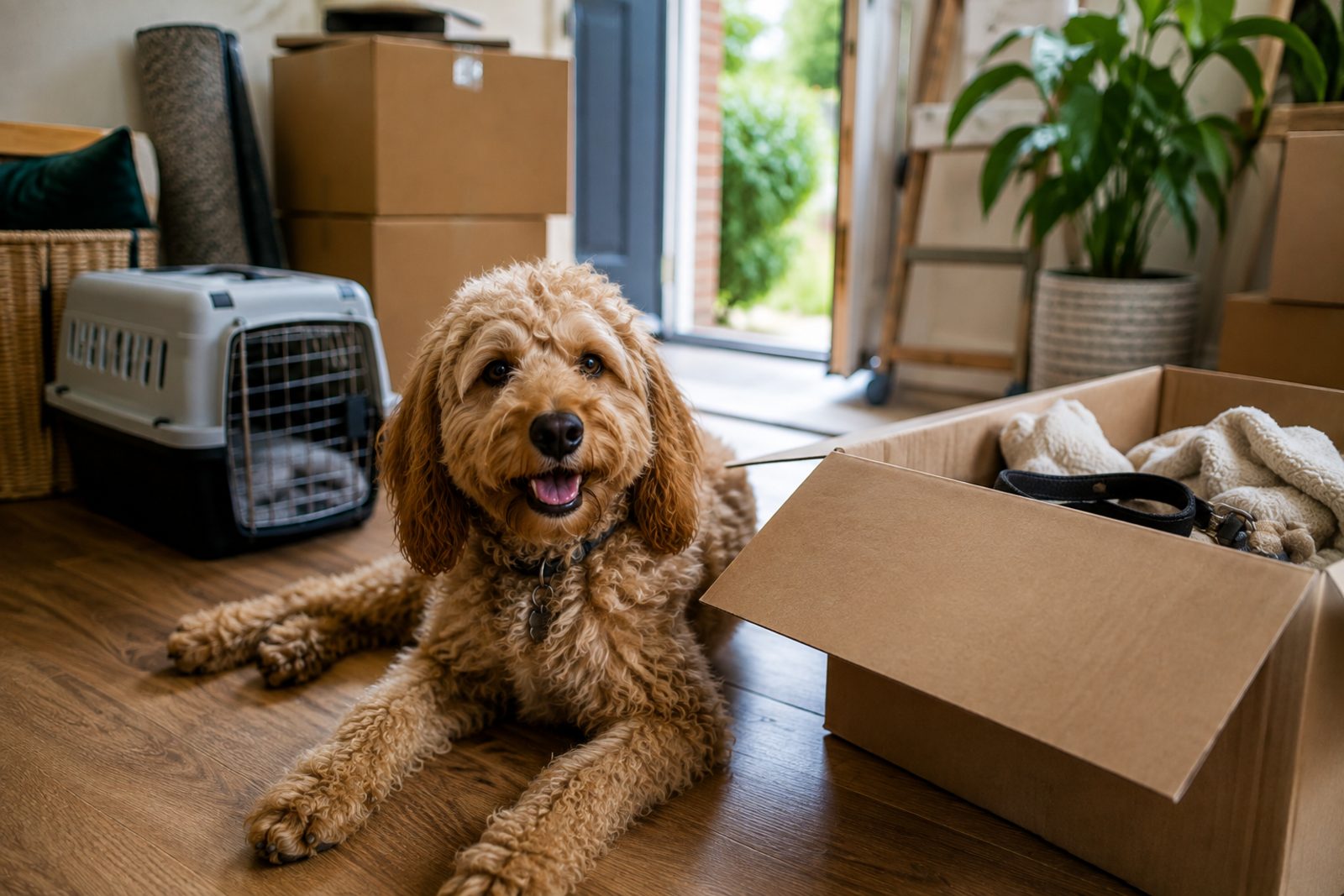 A dog lying calmly on the floor beside its travel crate among packing boxes on moving day