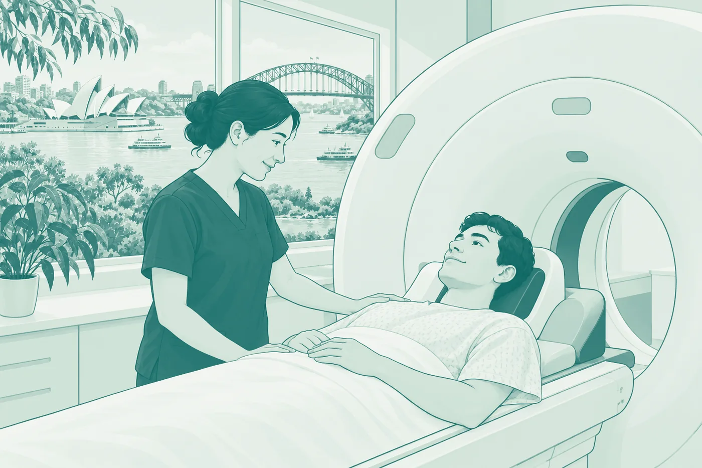 A medical radiation practitioner positioning a patient at a CT scanner