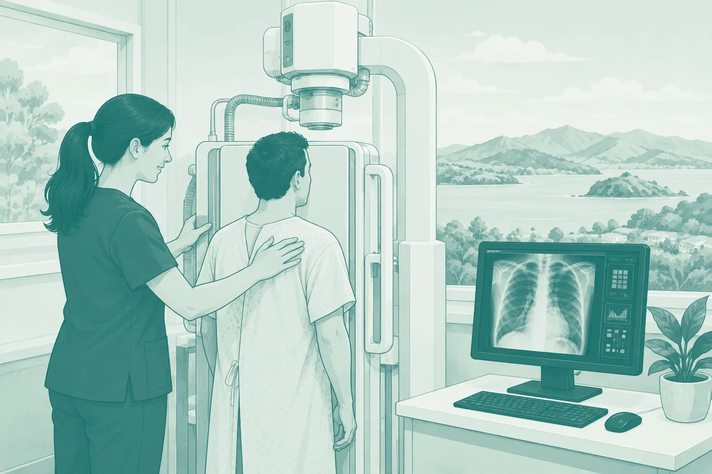 A medical imaging technologist positioning a patient at an upright imaging unit, a chest image on the monitor beside them