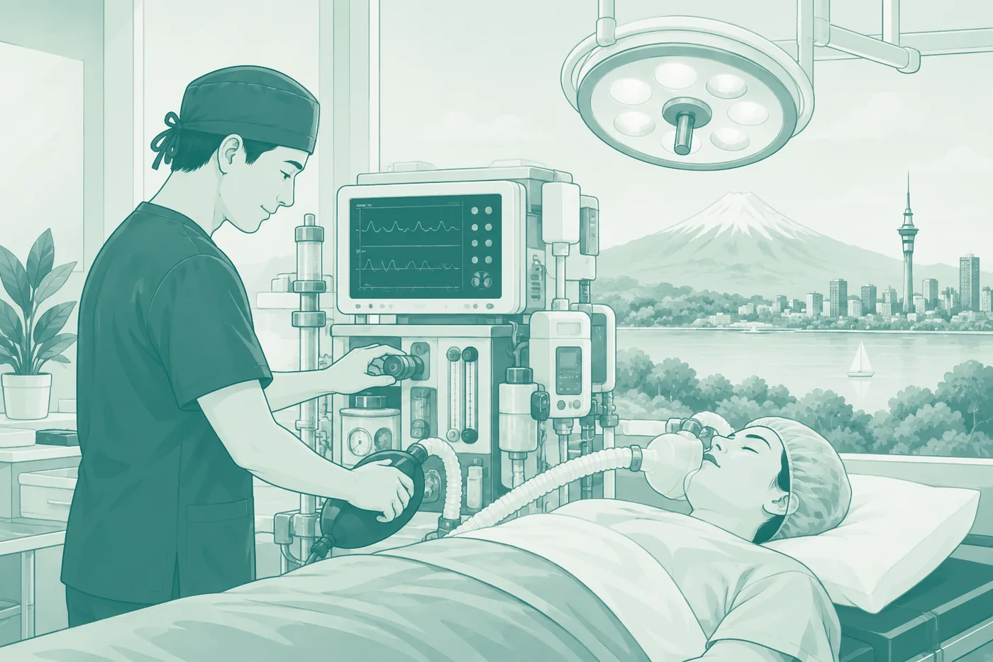 An anaesthetic technician at the anaesthetic machine beside a patient in theatre