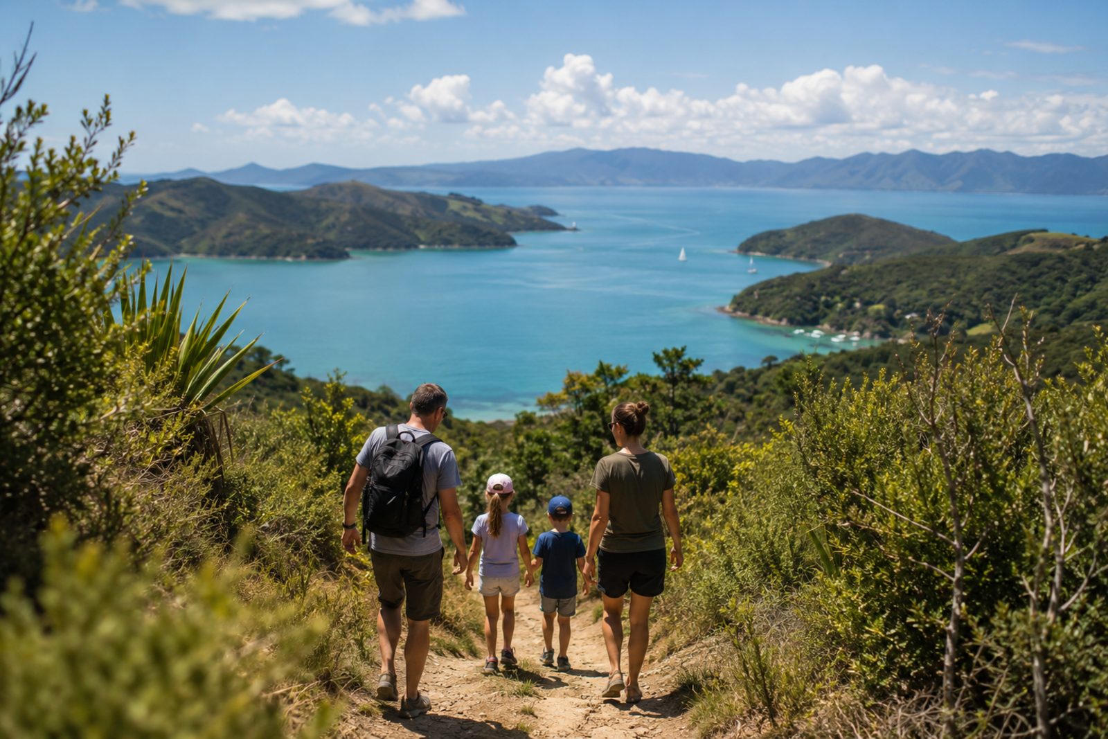 A family of four walking a coastal track above a blue harbour on a summer afternoon in New Zealand
