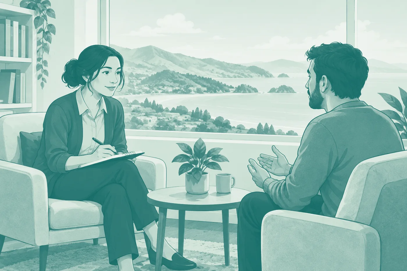 A psychologist and a client talking in armchairs in a bright consulting room