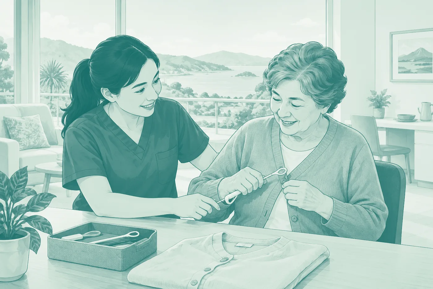 An occupational therapist working with an older client at a table, equipment laid out beside them