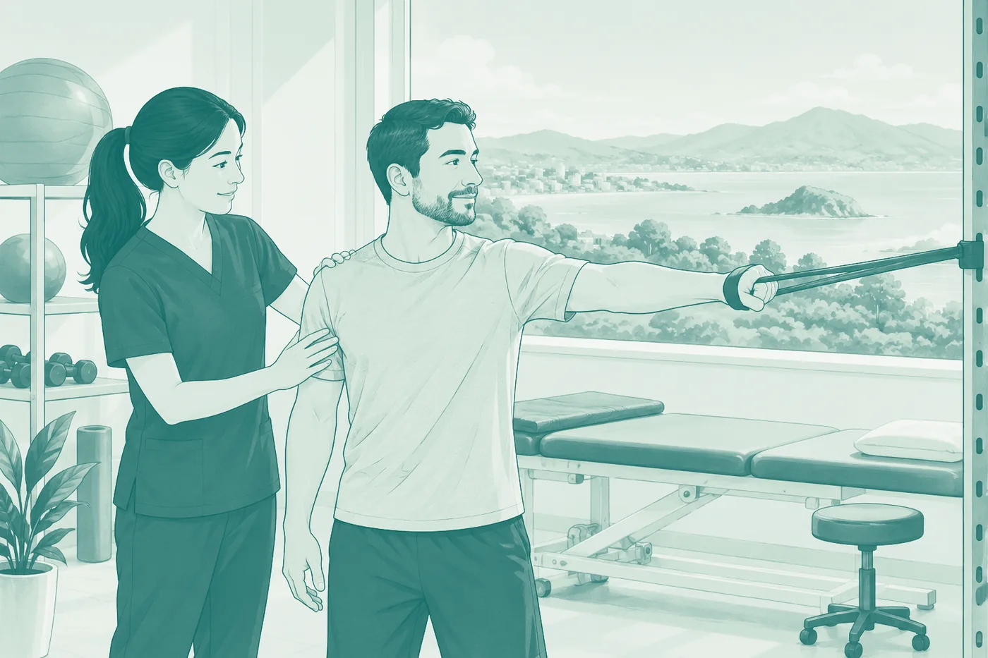 A physiotherapist guiding a patient through a resistance-band shoulder exercise in a clinic gym