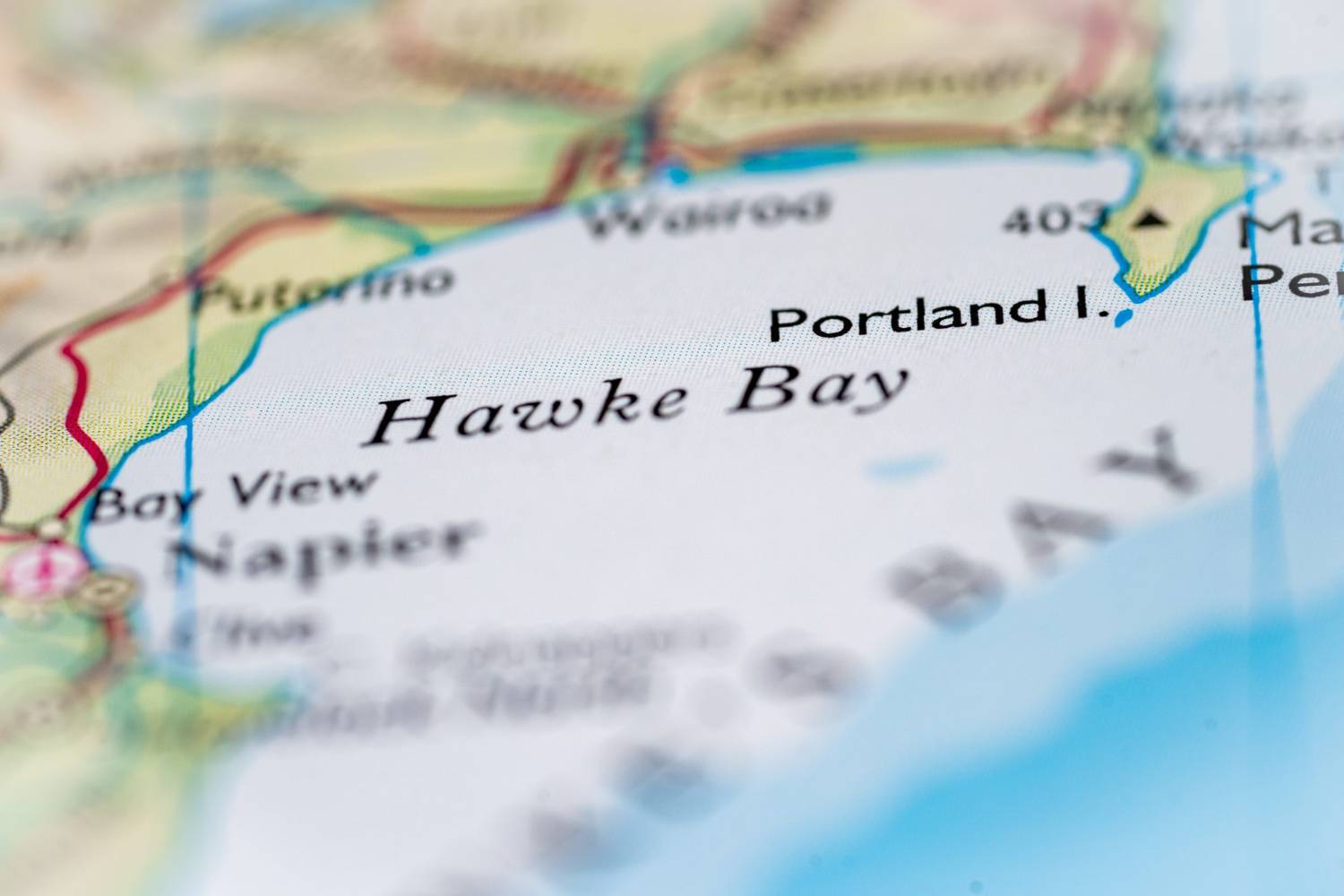 A road map of the eastern North Island with Hawke Bay and Napier marked