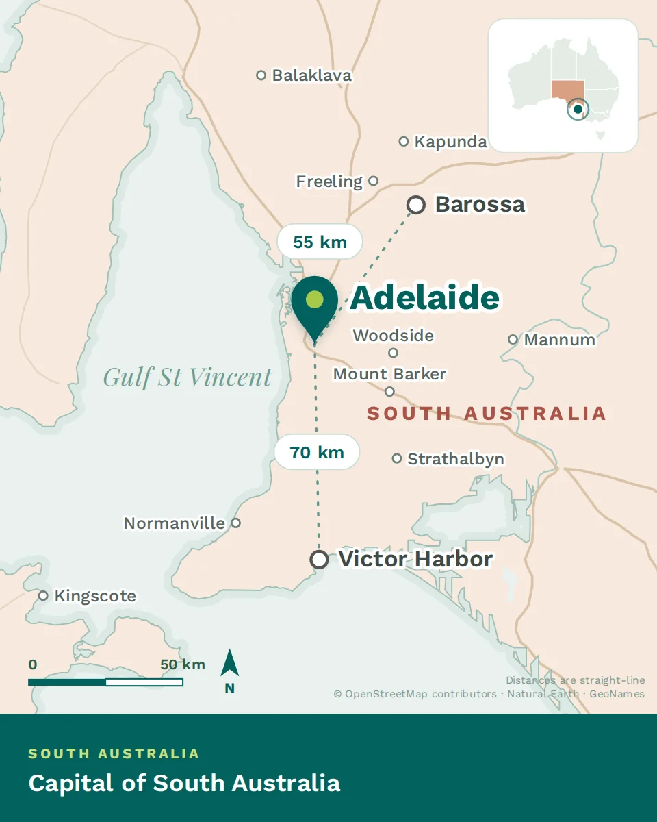 Map showing where Adelaide is, with Barossa and Victor Harbor
