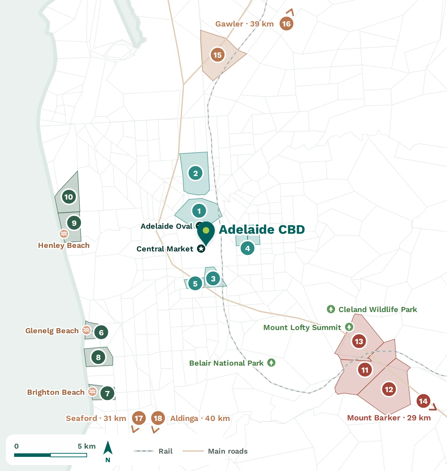 Map of Adelaide showing the suburbs named in this chapter, with parks, beaches and landmarks