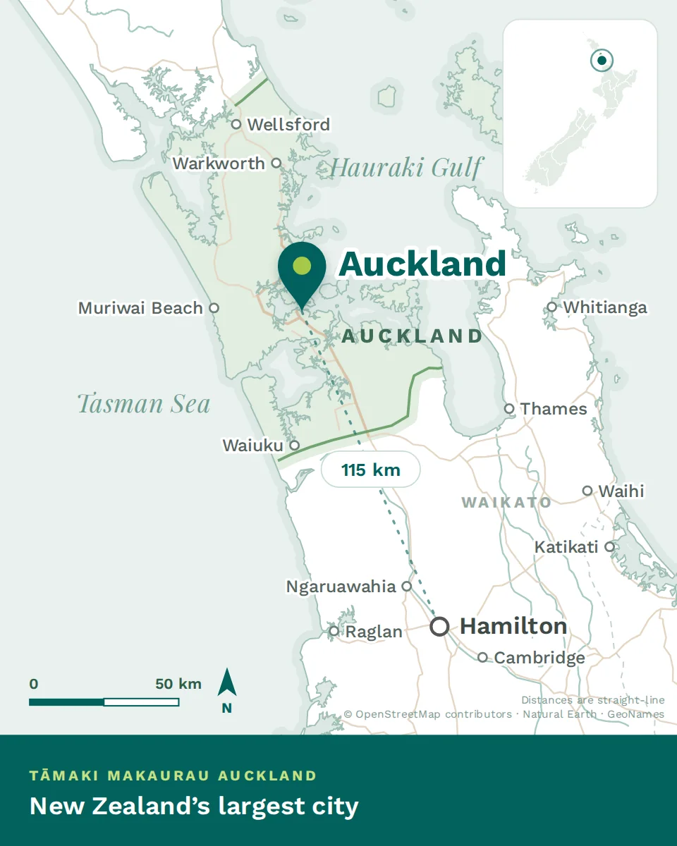 Map showing where Auckland is, with Hamilton