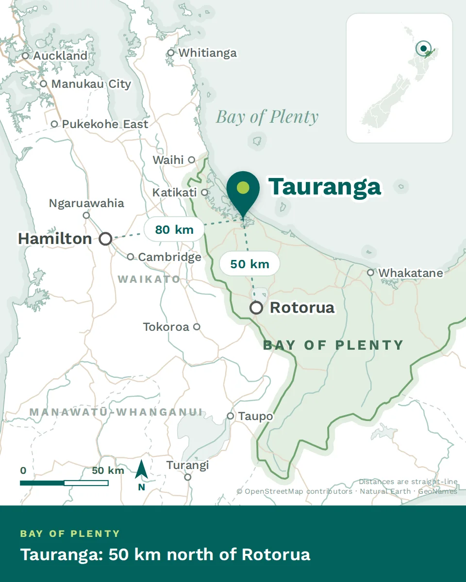 Map showing where Tauranga is, with Rotorua and Hamilton