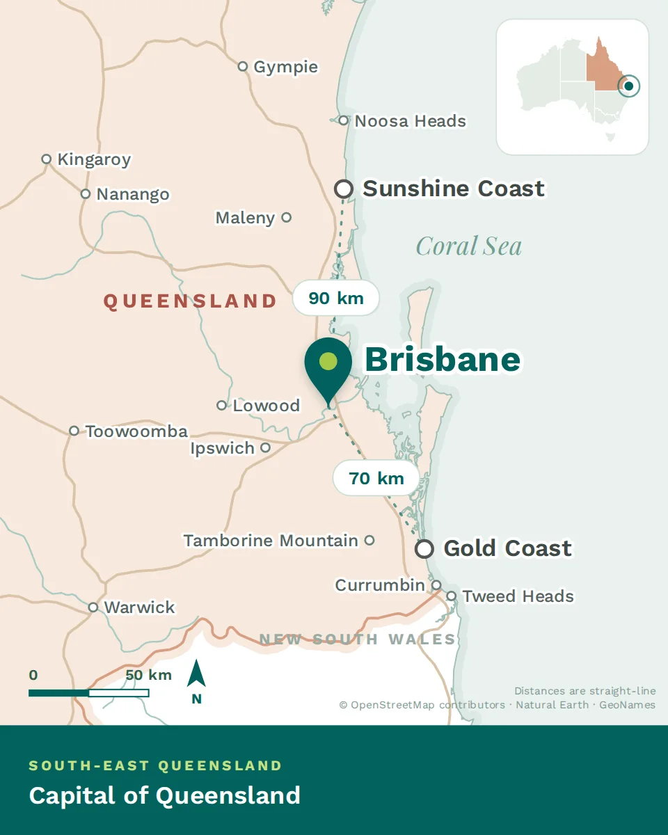 Map showing where Brisbane is, with Sunshine Coast and Gold Coast