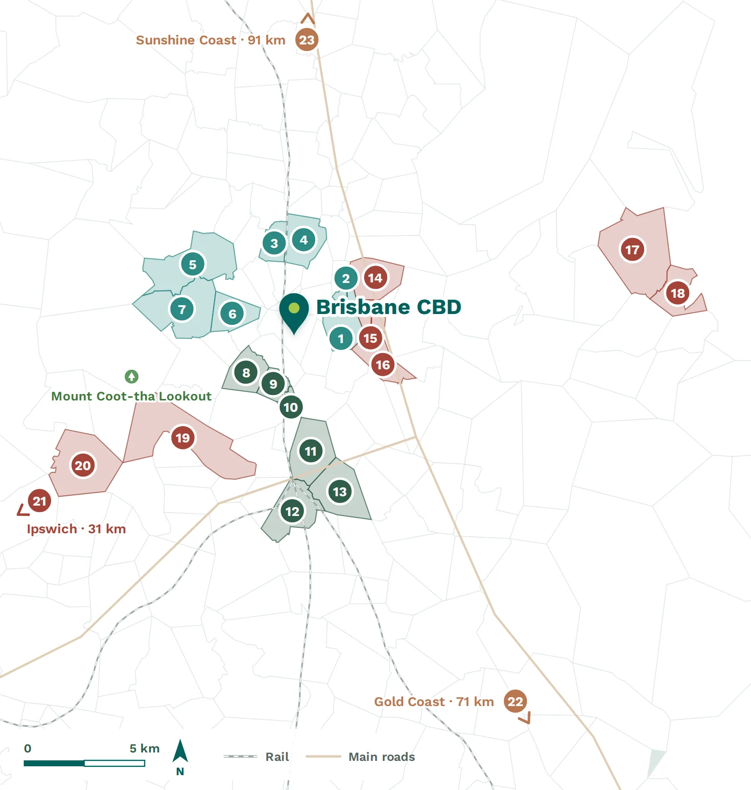 Map of Brisbane showing the suburbs named in this chapter, with parks, beaches and landmarks