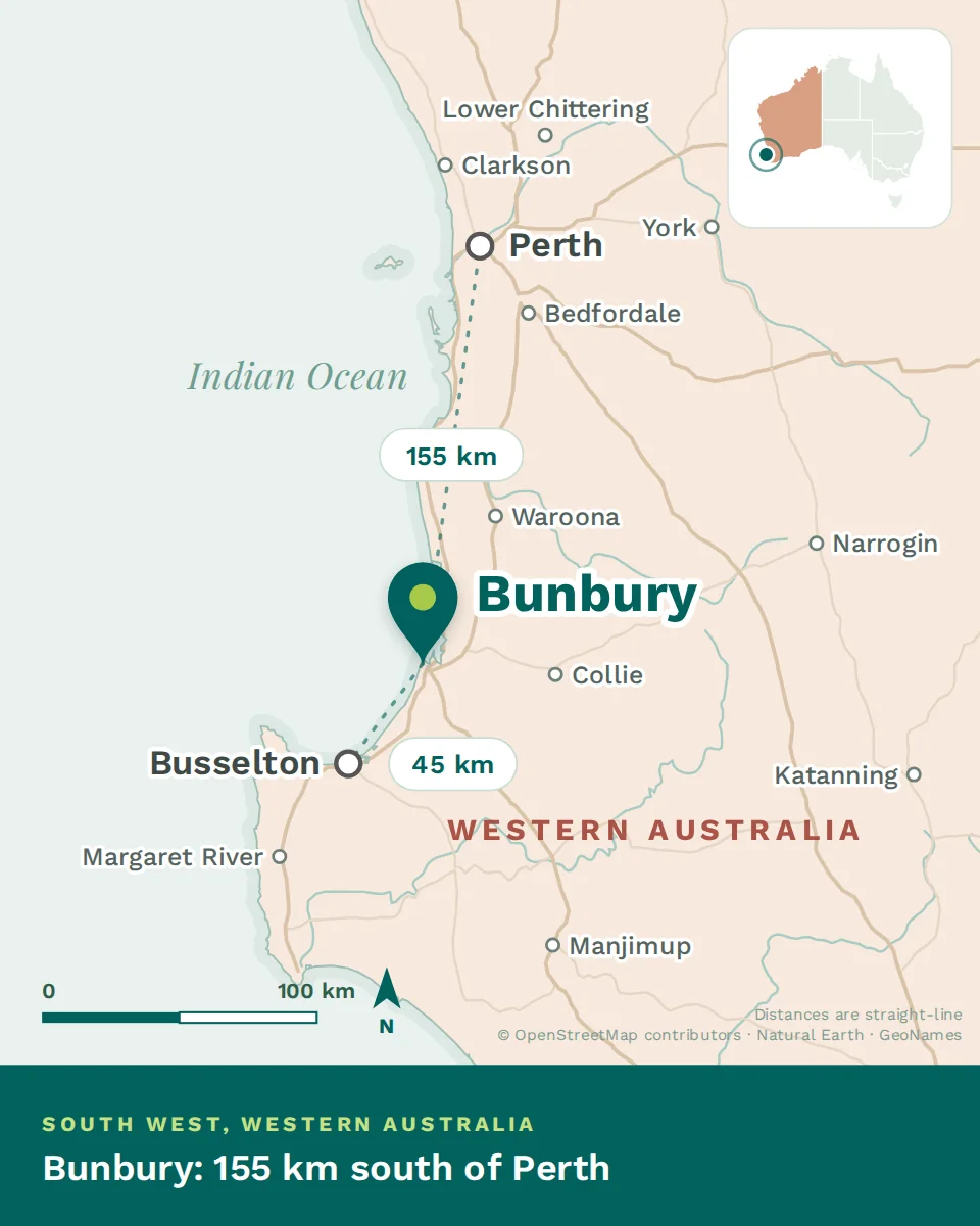 Map showing where Bunbury is, with Perth and Busselton