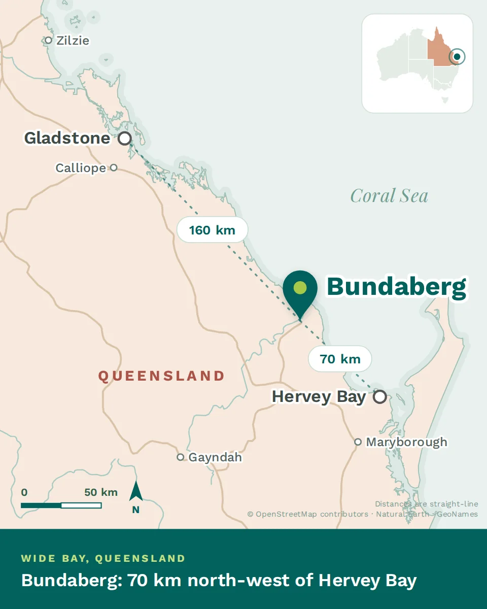 Map showing where Bundaberg is, with Hervey Bay and Gladstone