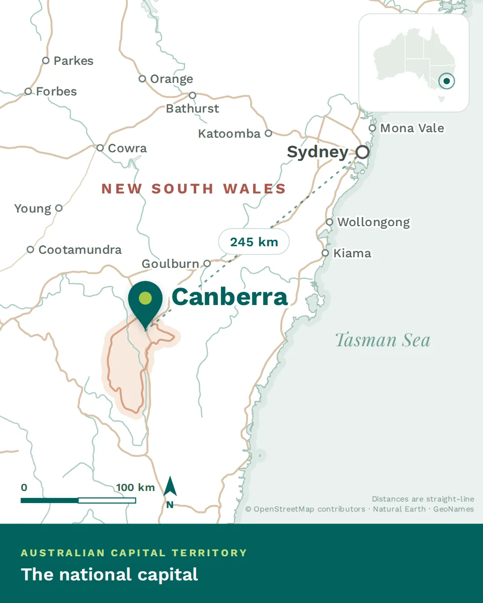 Map showing where Canberra is, with Sydney