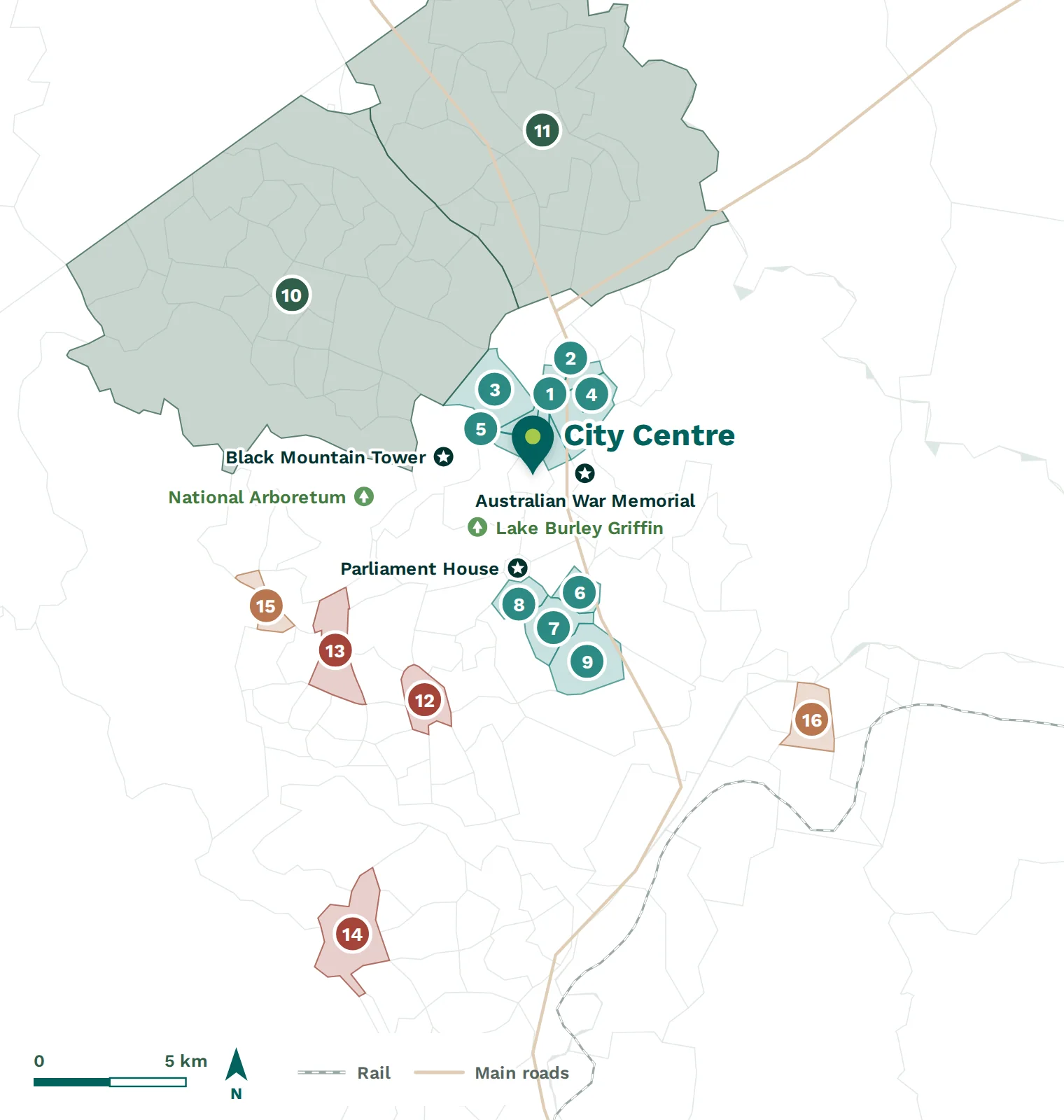 Map of Canberra showing the suburbs named in this chapter, with parks, beaches and landmarks