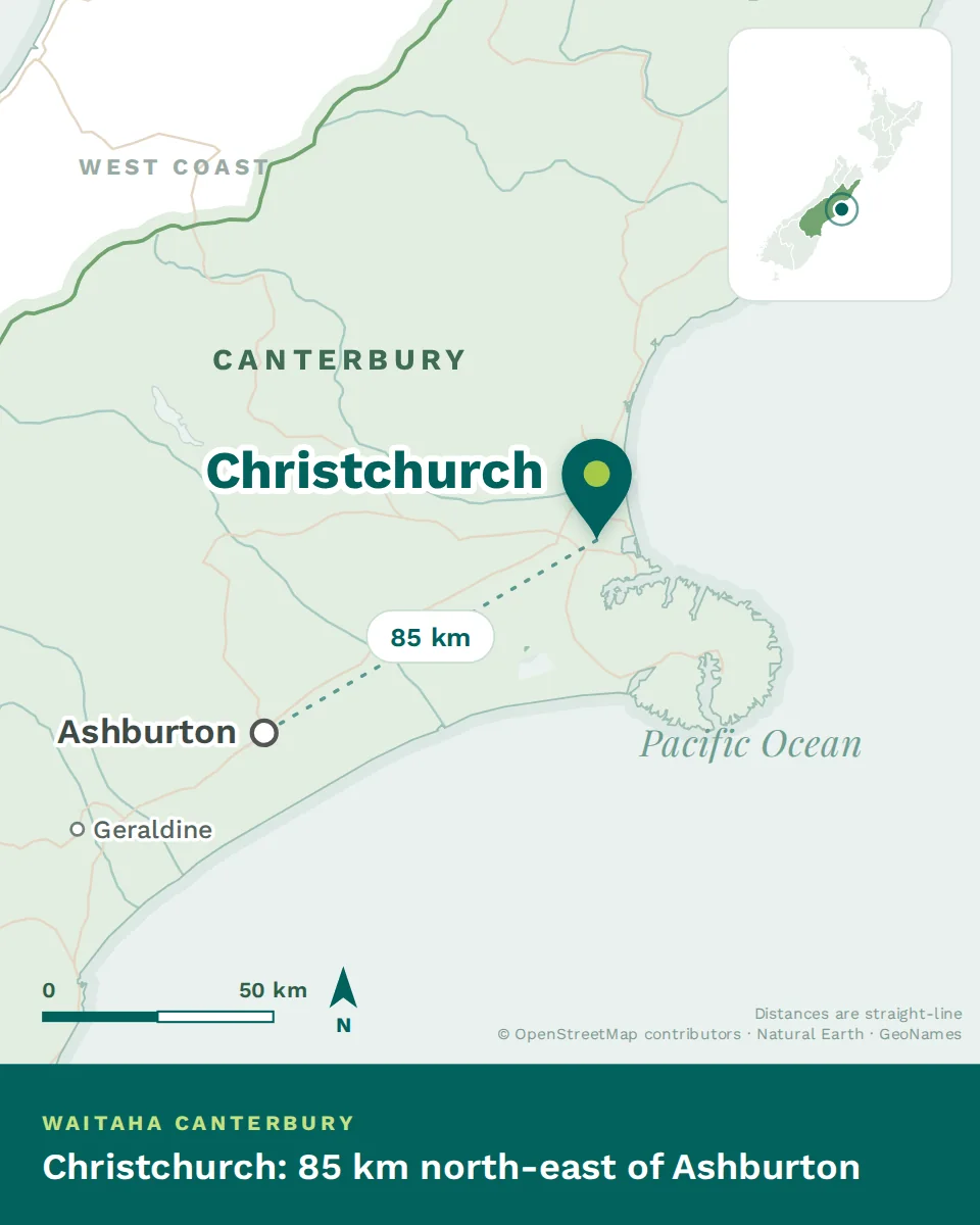 Map showing where Christchurch is, with Ashburton