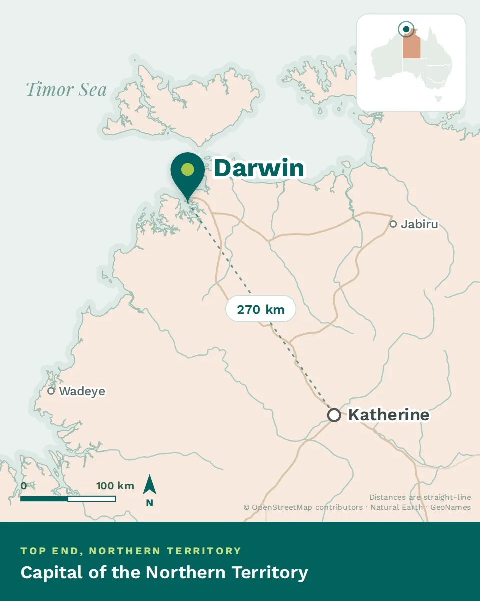 Map showing where Darwin is, with Katherine