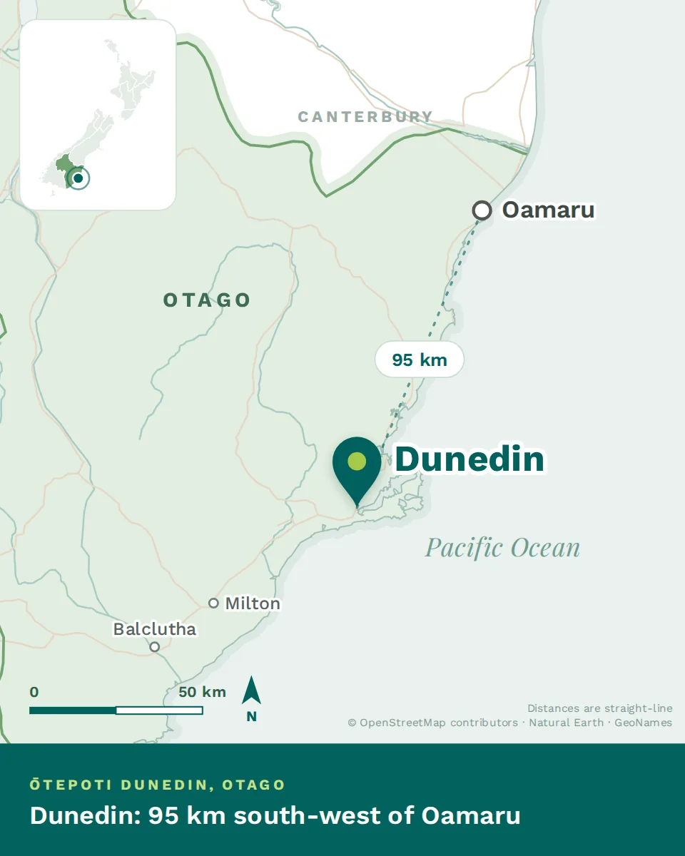Map showing where Dunedin is, with Oamaru