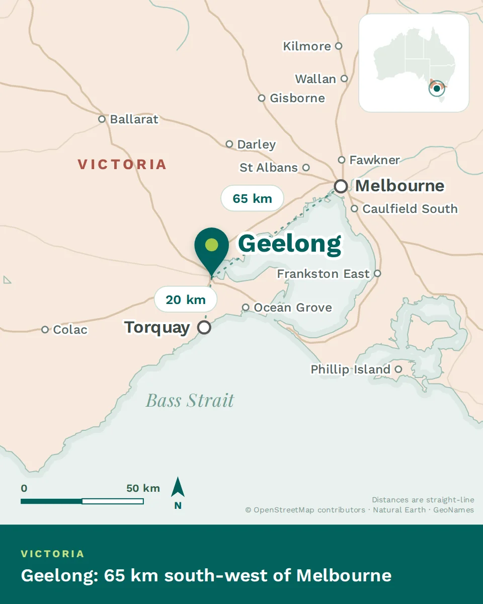 Map showing where Geelong is, with Melbourne and Torquay