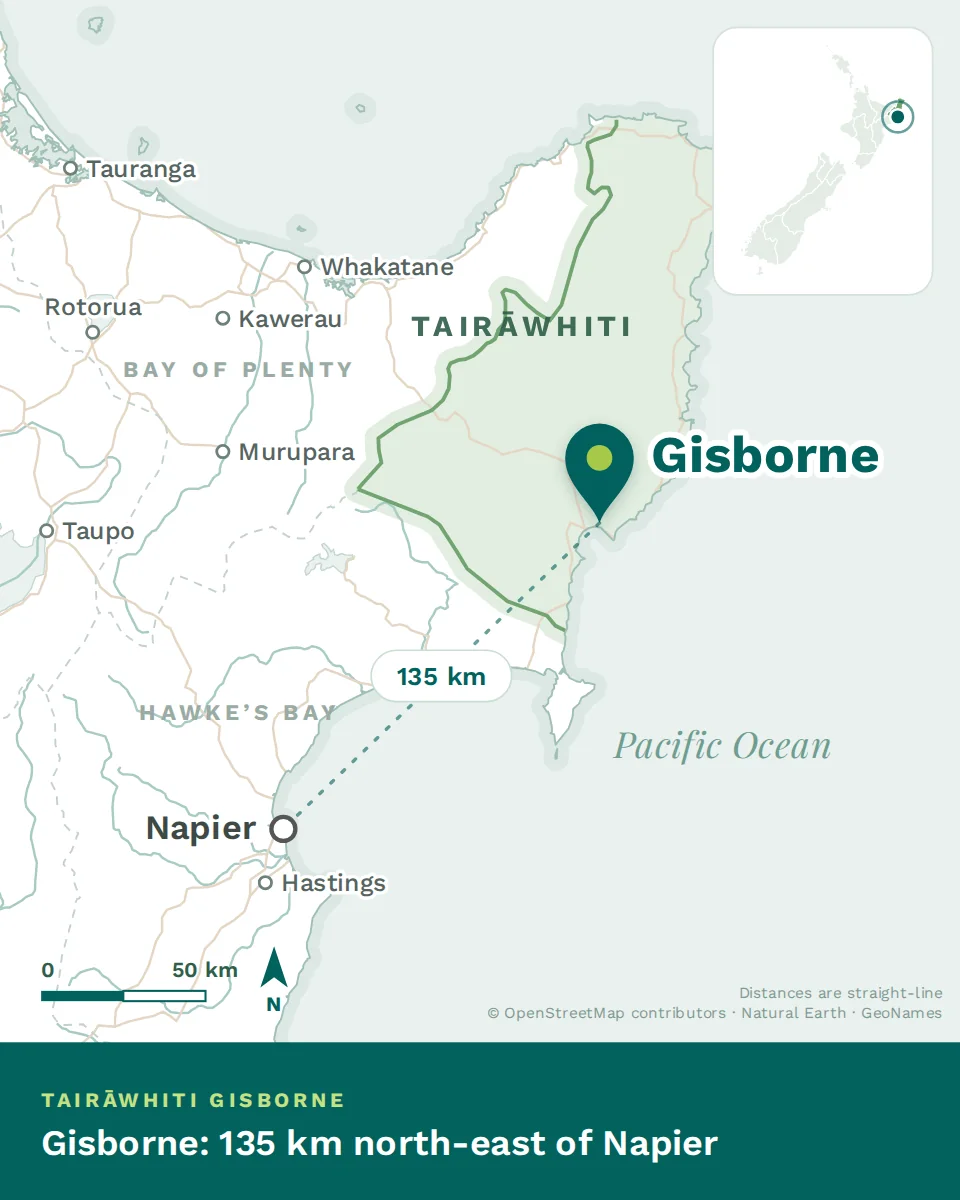 Map showing where Gisborne is, with Napier
