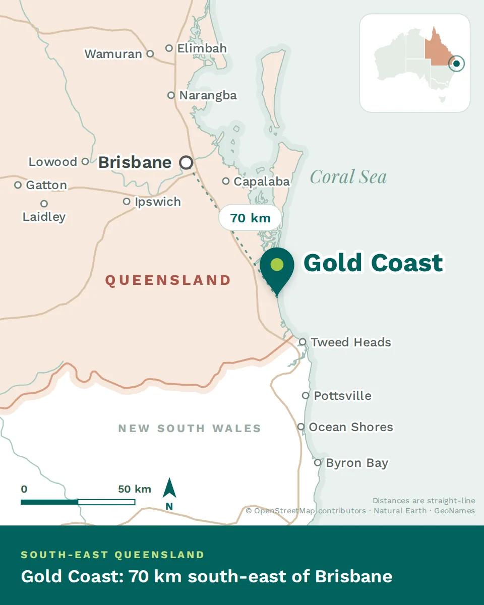 Map showing where Gold Coast is, with Brisbane