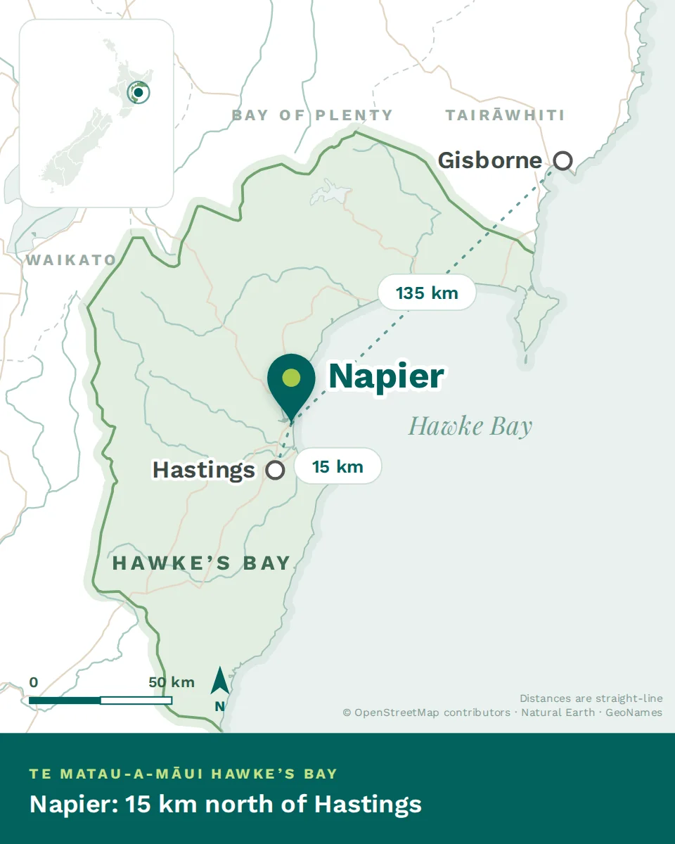 Map showing where Napier is, with Hastings and Gisborne