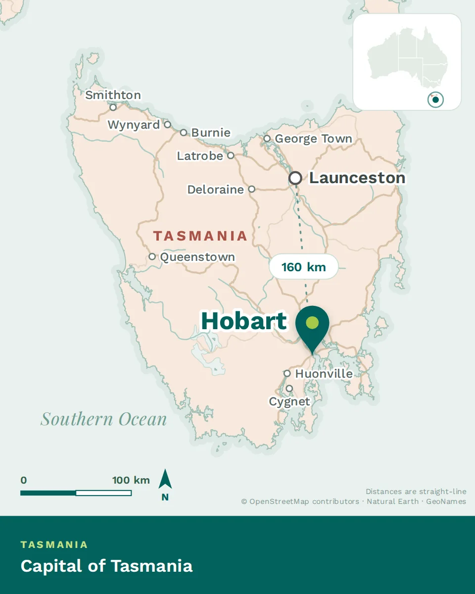 Map showing where Hobart is, with Launceston