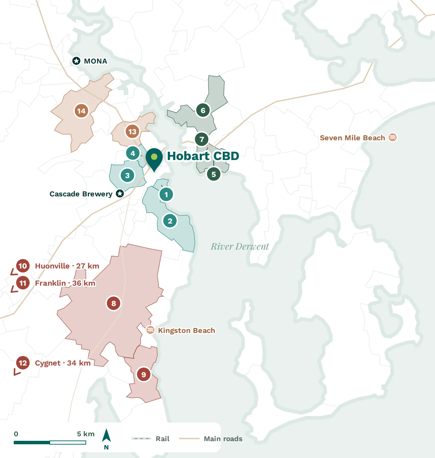 Map of Hobart showing the suburbs named in this chapter, with parks, beaches and landmarks